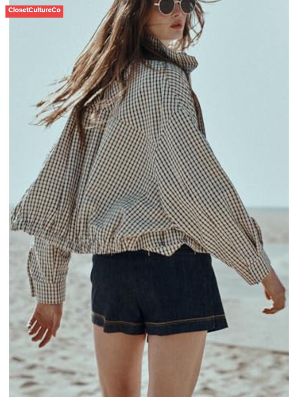 Gingham Cropped Bomber Jacket Zip Up Casual Coat Long Sleeve - Picture 4 of 4
